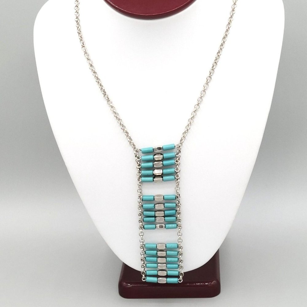 Womens Blue Beads Drop Pendant Silver Tone Round Link Chain Necklace 24 in